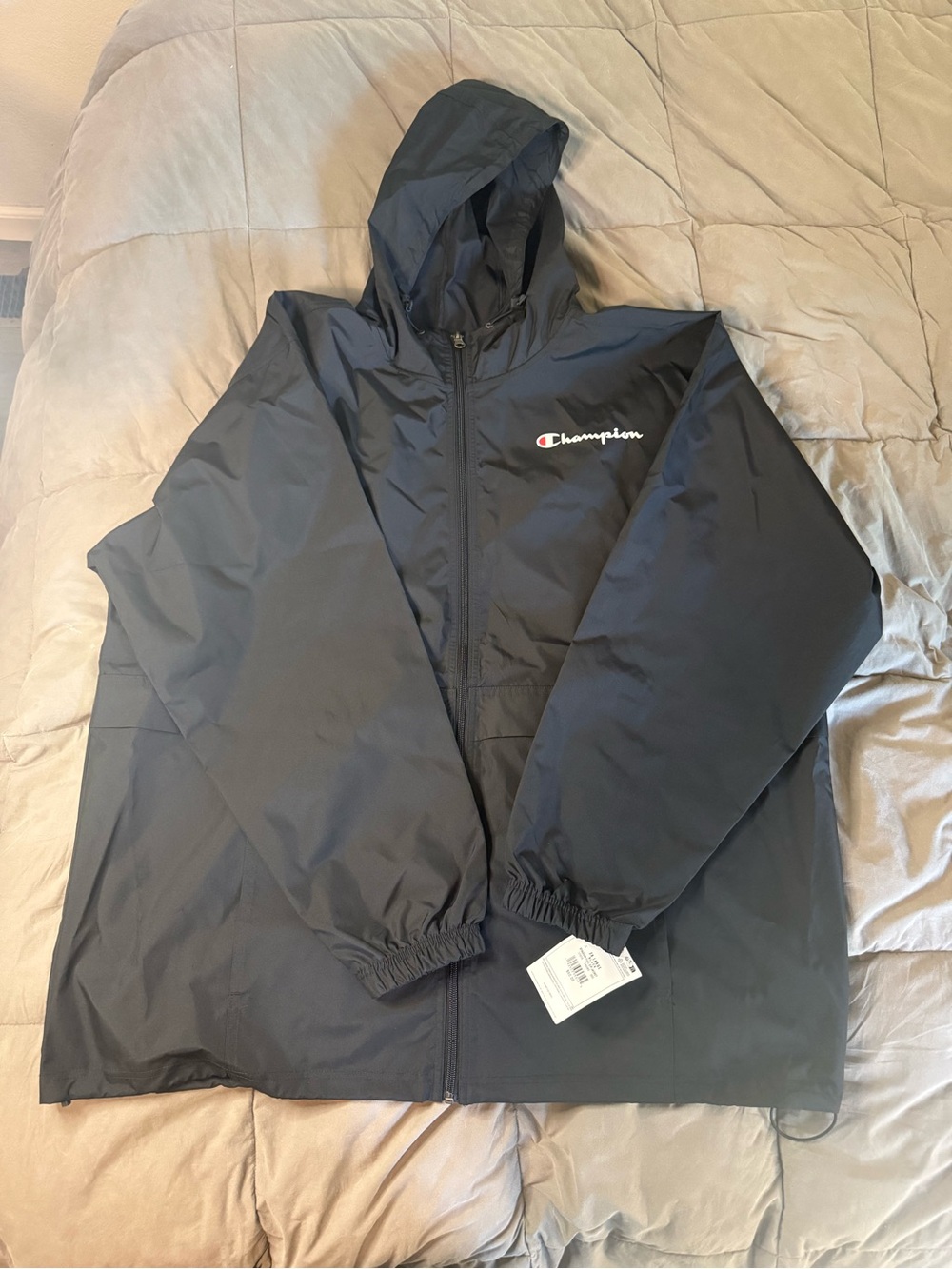 Champion Black Hooded Windbreaker with Script Logo